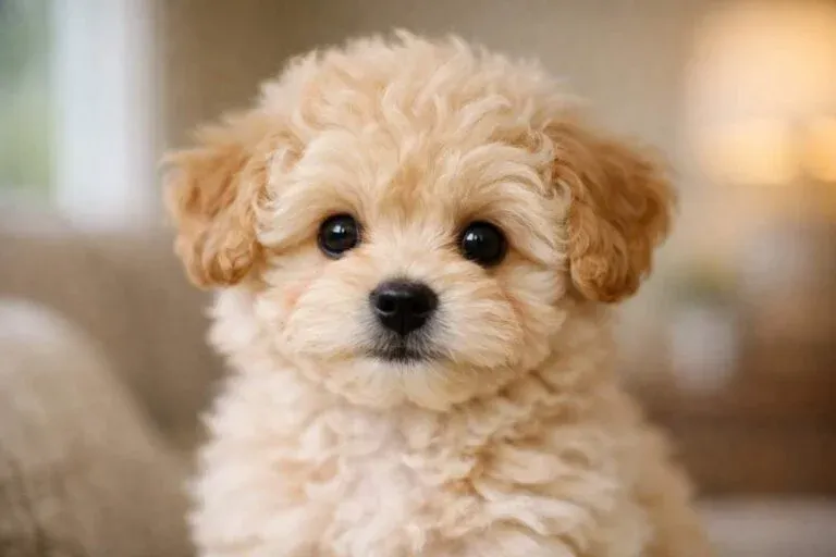 Maltipoo Puppy Portrait Showing Fluffy Cream Curly Coat And Teddy Bear Face