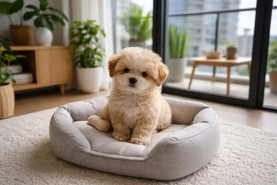 Maltipoo Puppy Relaxed In Apartment Showing Suitability For Unit Living