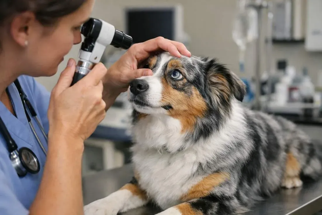 mini australian shepherd being examined by veterinarian during routine health check