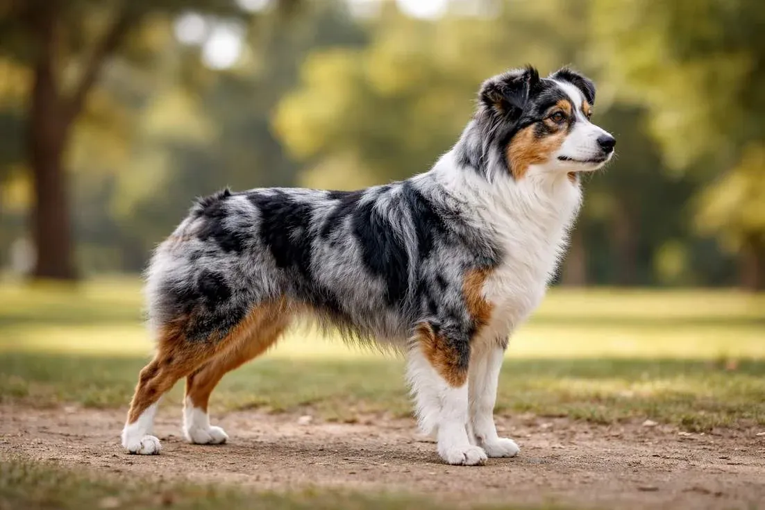 Mini Australian Shepherd Full Body Side Profile Showing Athletic Build And Blue Merle Coat