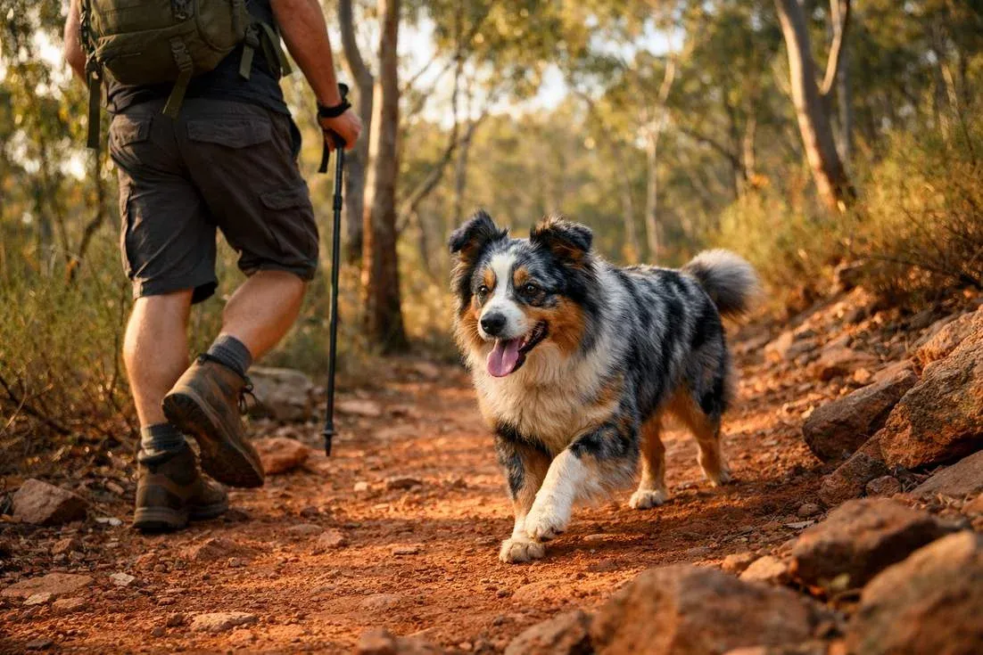Mini Australian Shepherd Hiking On Bush Trail Showing Active Lifestyle Needs