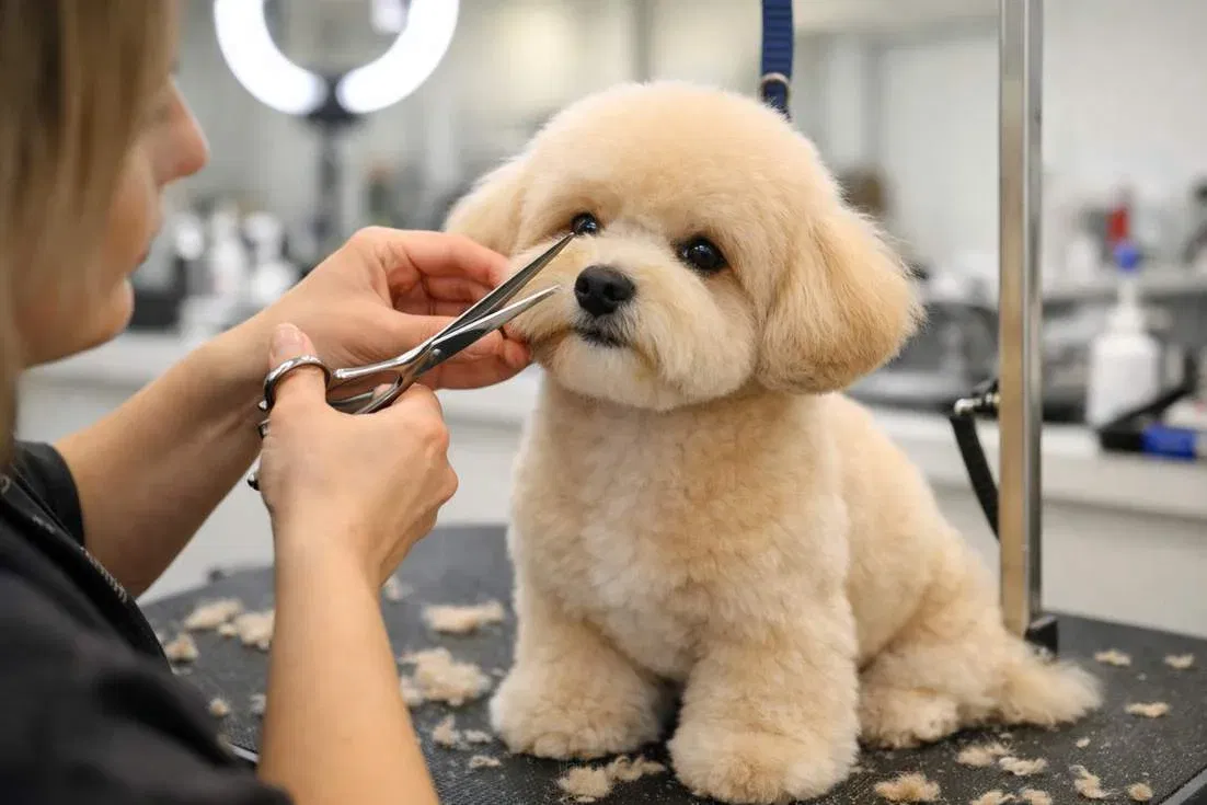 Moodle Dog At Professional Groomer Getting Teddy Bear Trim
