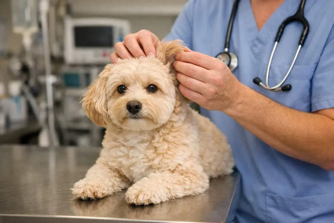 Moodle Dog Being Examined By Veterinarian During Routine Health Check