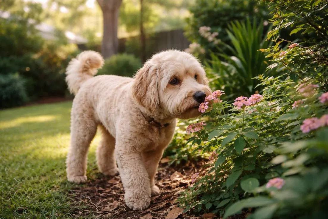 Moodle Dog Exploring Backyard Garden Showing Gentle Exercise Style