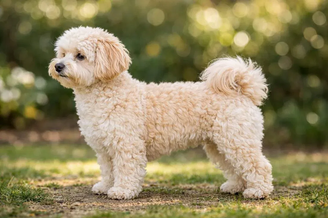 Moodle Dog Full Body Side Profile Showing Small Size And Soft Wavy Coat