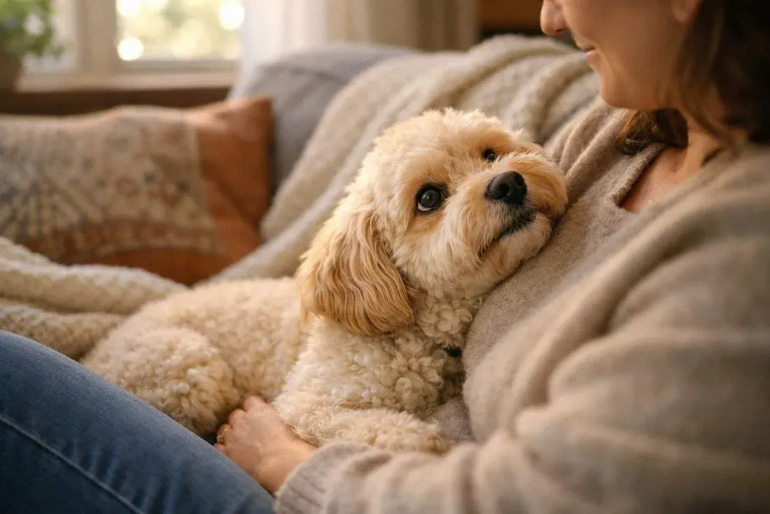 Moodle Dog Showing Affectionate Loyal Nature Cuddling With Owner