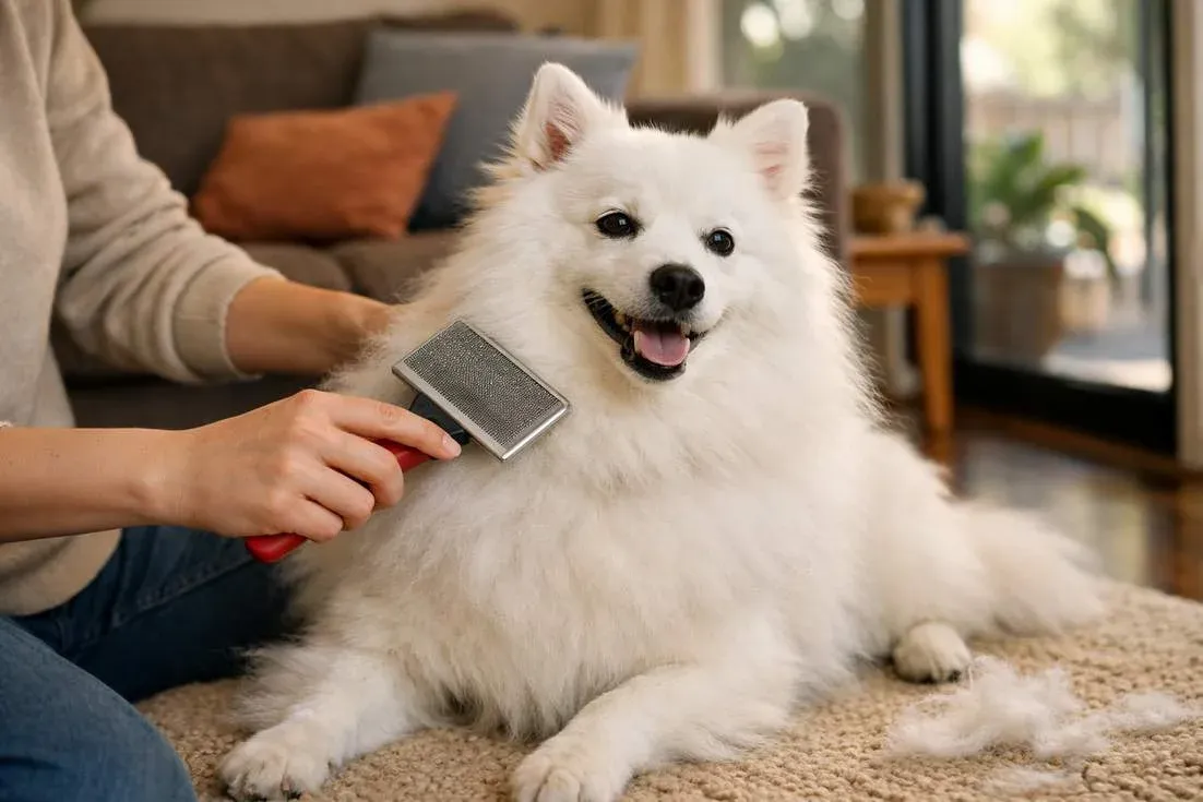 owner-brushing-japanese-spitz-white-fluffy-coat-during-regular-grooming-session Owner Brushing Japanese Spitz White Fluffy Coat During Regular Grooming Session