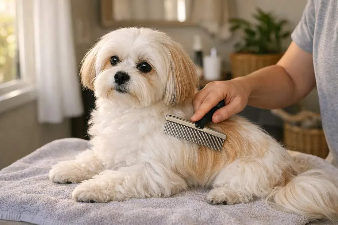 Owner Brushing Maltese Shih Tzu Silky Coat During Regular Grooming Session
