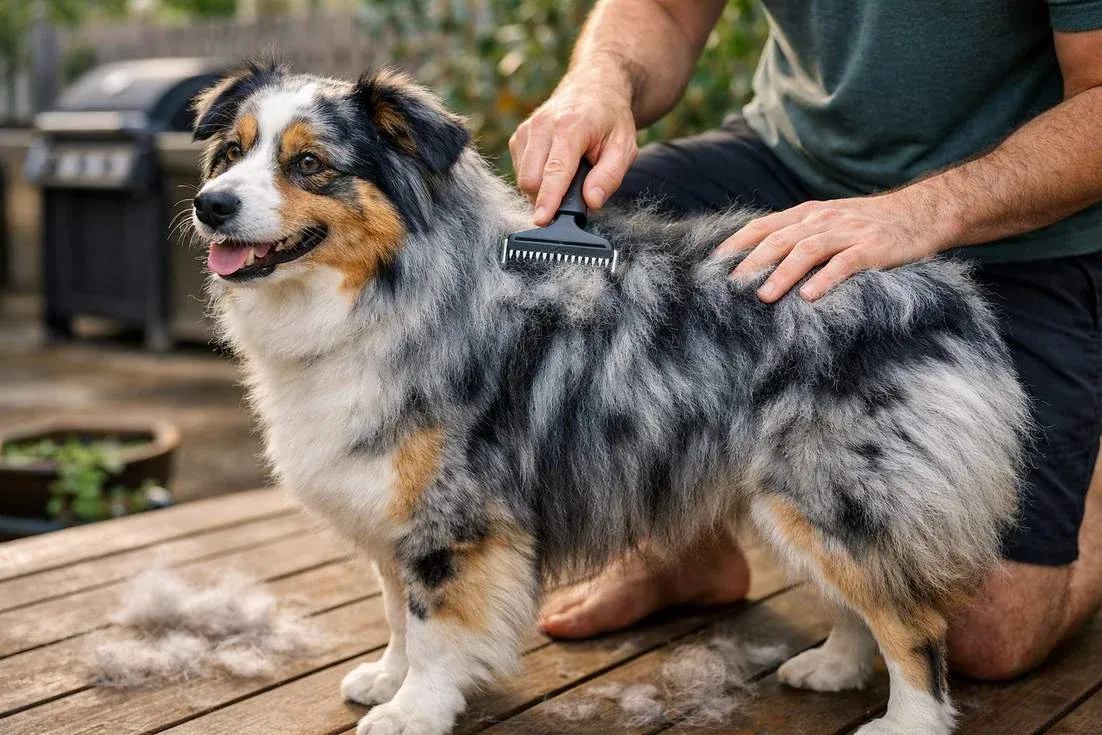 Owner Brushing Mini Australian Shepherd Double Coat During Regular Grooming Session