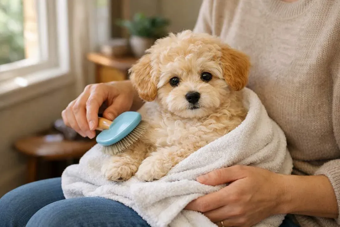 Owner Gently Brushing Maltipoo Puppy Curly Coat During Grooming Session