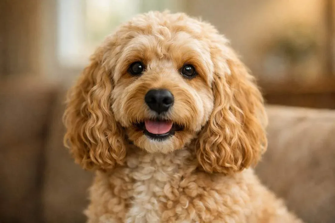 Adult Spoodle Dog Portrait Showing Golden Apricot Wavy Coat And Friendly Expression