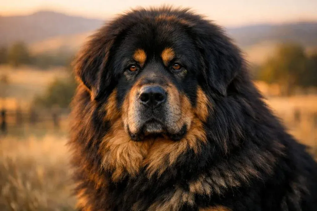 Adult Tibetan Mastiff Dog Portrait Showing Thick Black And Tan Coat And Majestic Lion Like Mane
