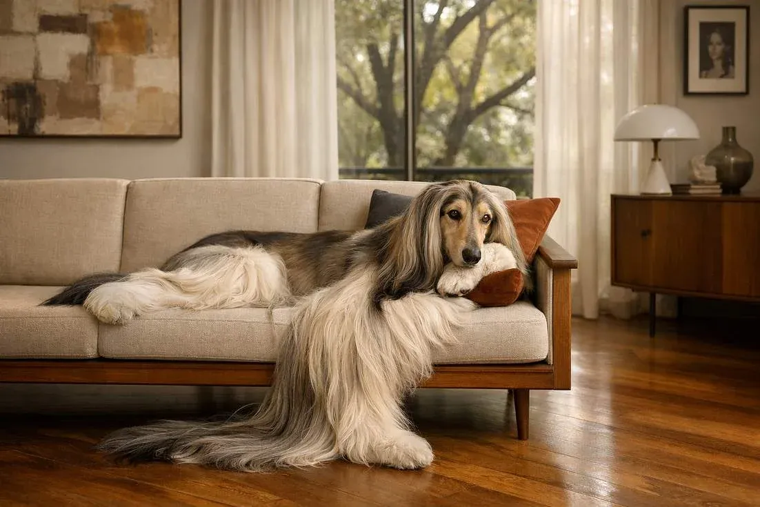 afghan-hound-draped-elegantly-across-a-couch-in-a-stylish Afghan Hound Draped Elegantly Across A Couch In A Stylish