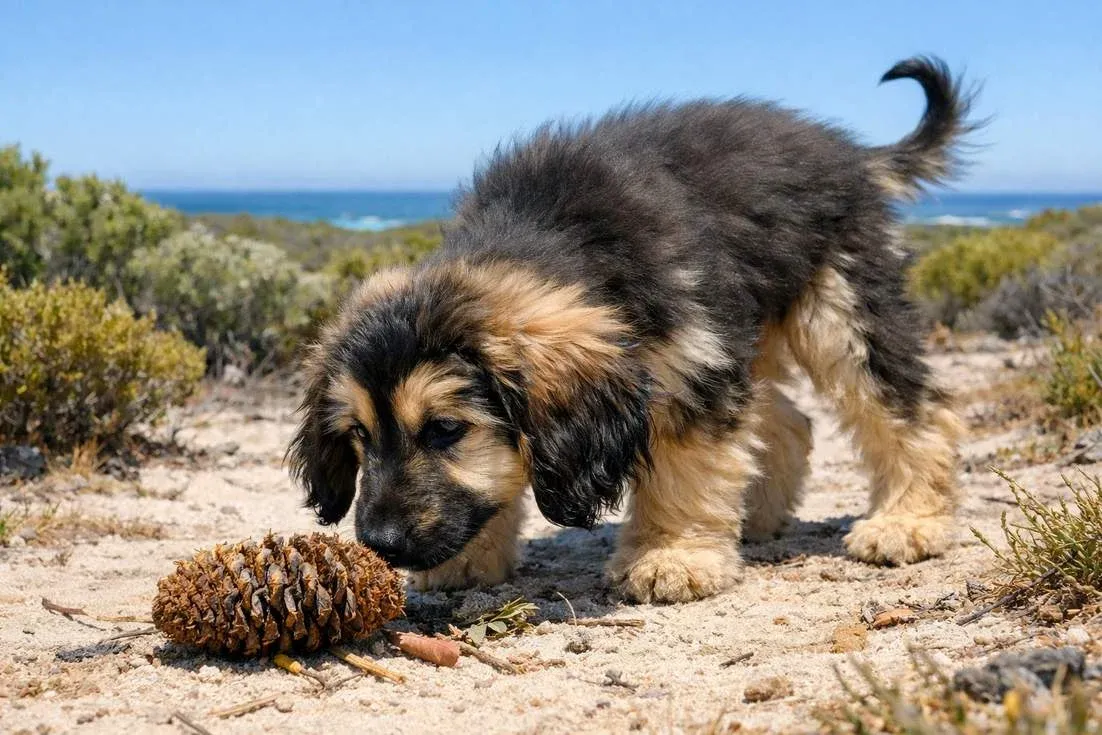 afghan-hound-puppy-sniffing-a-banksia-cone Afghan Hound Puppy Sniffing A Banksia Cone