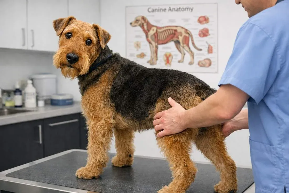 Airedale Terrier Having Hip Joints Examined By A Veterinarian