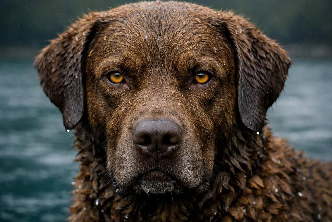 Close Up Of A Chesapeake Bay Retrievers Face Showing Amber Eyes Wavy Coat And Water Droplets