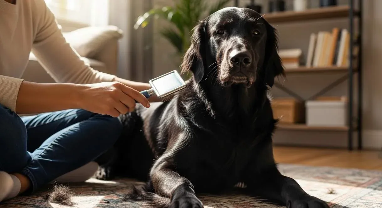 flat-coated-retriever-dog-being-brushed-by-owner Flat Coated Retriever Dog Being Brushed By Owner