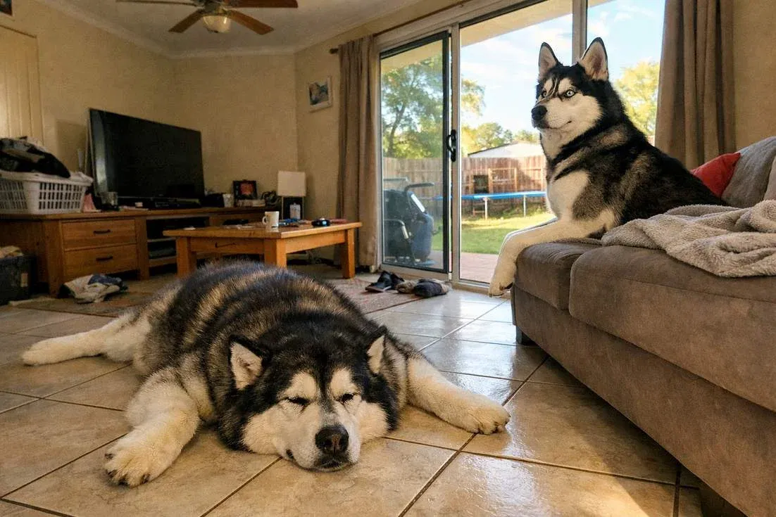 Alaskan Malamute And Husky Relaxing At Lounge