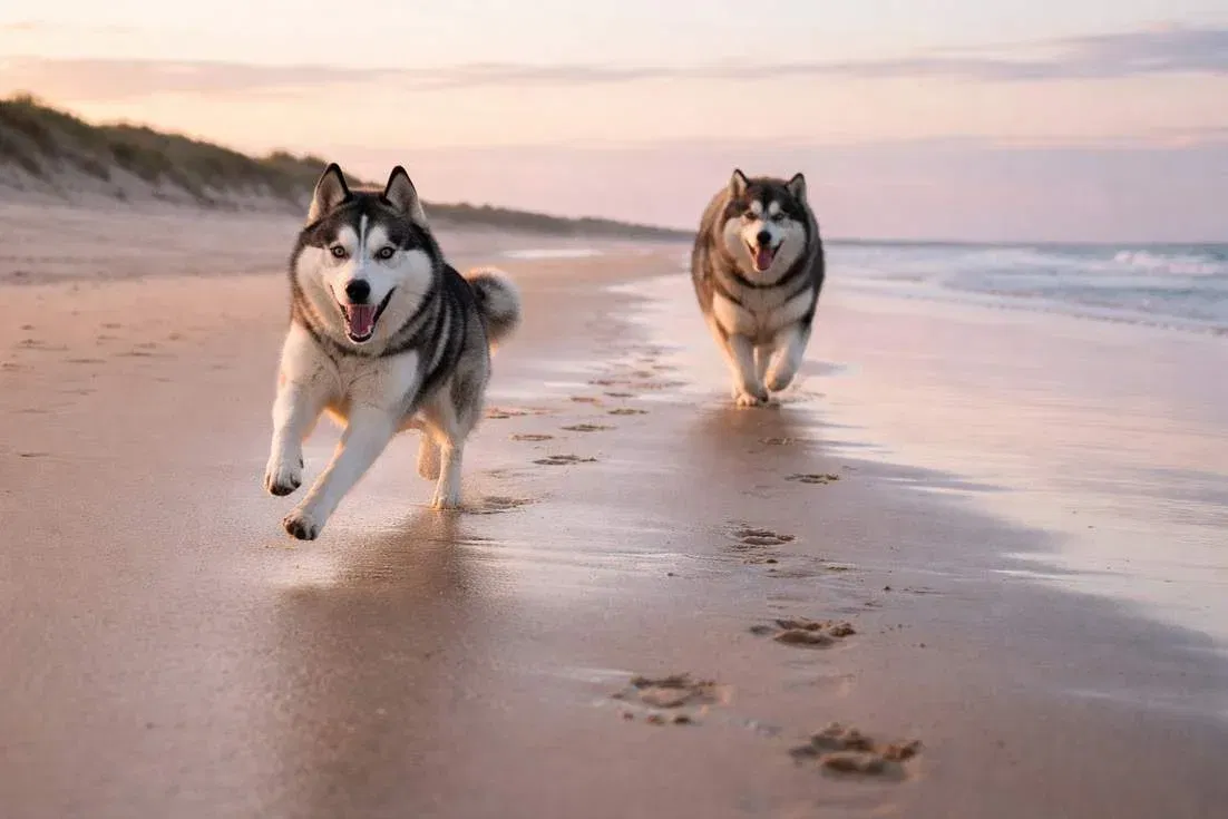 Alaskan Malamute And Husky Running At Beach