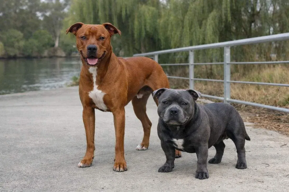 American Pit Bull Standing With Staffordshire Bull Terrier