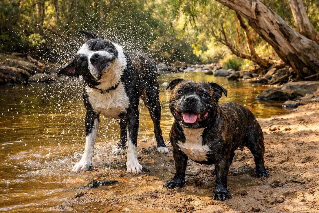 American Staffy Standing With English Staffy