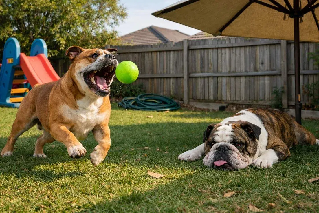 australian-bulldog-and-english-bulldog-playing Australian Bulldog And English Bulldog Playing