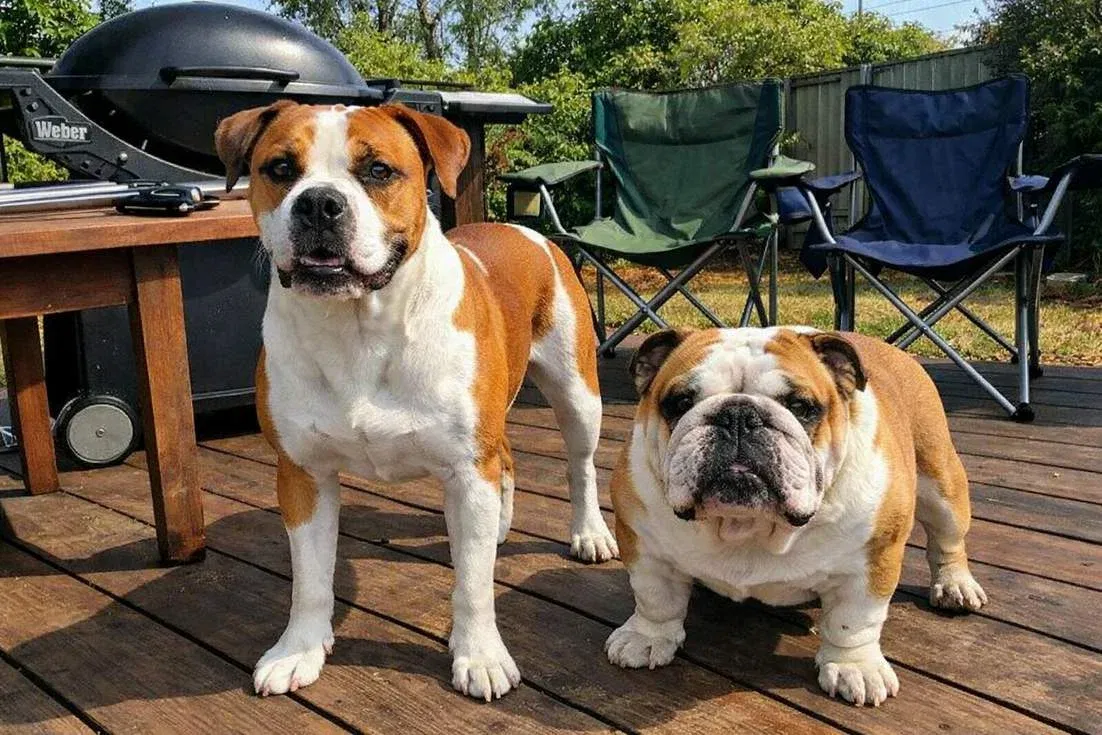australian-bulldog-and-english-bulldog-standing Australian Bulldog And English Bulldog Standing
