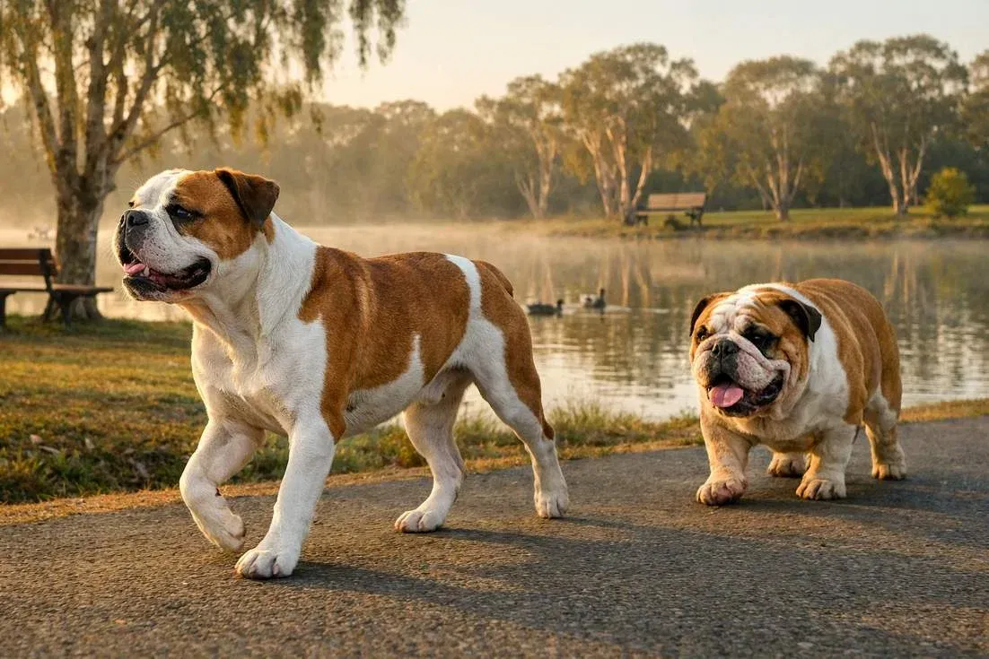 australian-bulldog-and-english-bulldog-walking Australian Bulldog And English Bulldog Walking