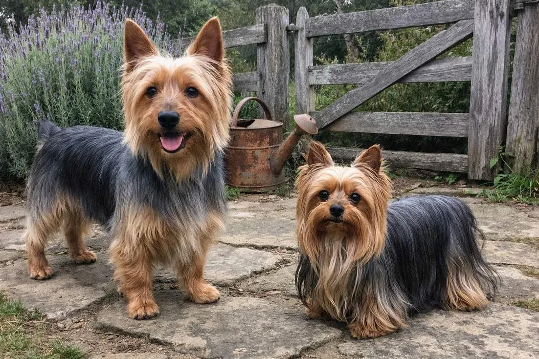 australian-silky-terrier-and-yorkshire-terrier-standing Australian Silky Terrier And Yorkshire Terrier Standing