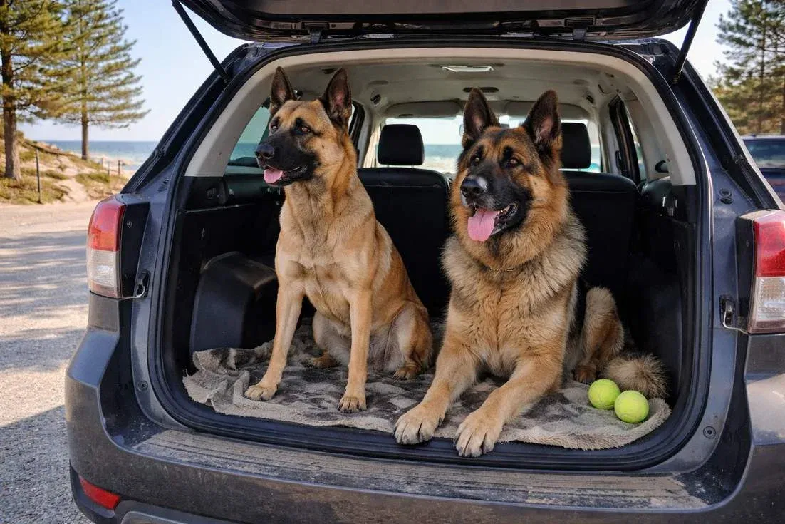 Belgian Malinois With German Shepherd In Car Boot
