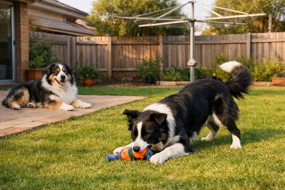 Border Collie And Australian Shepherd At Backyard