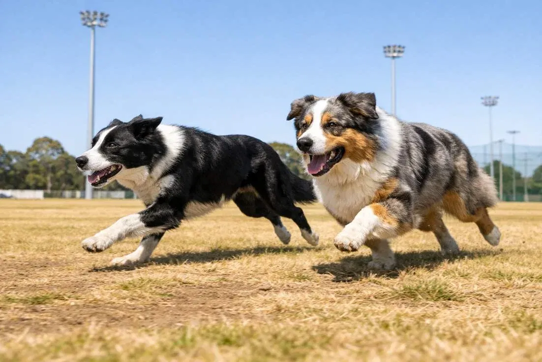 Border Collie With Australian Shepherd Running