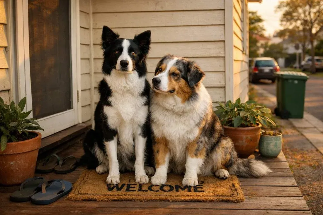Border Collie With Australian Shepherd Sitting Outside