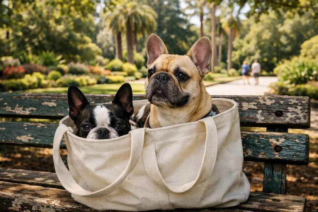 boston-terrier-with-french-bulldog-in-carry-bag Boston Terrier With French Bulldog In Carry Bag