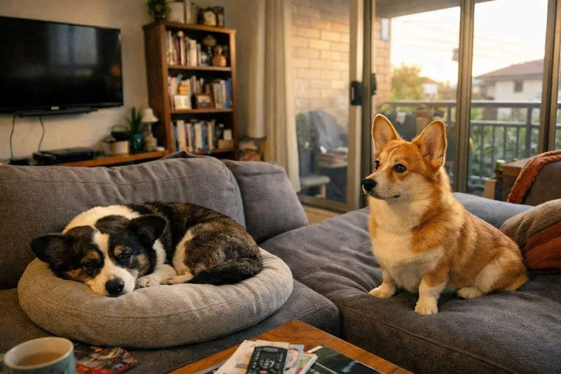 Cardigan And Pembroke Corgi In Dog Bed