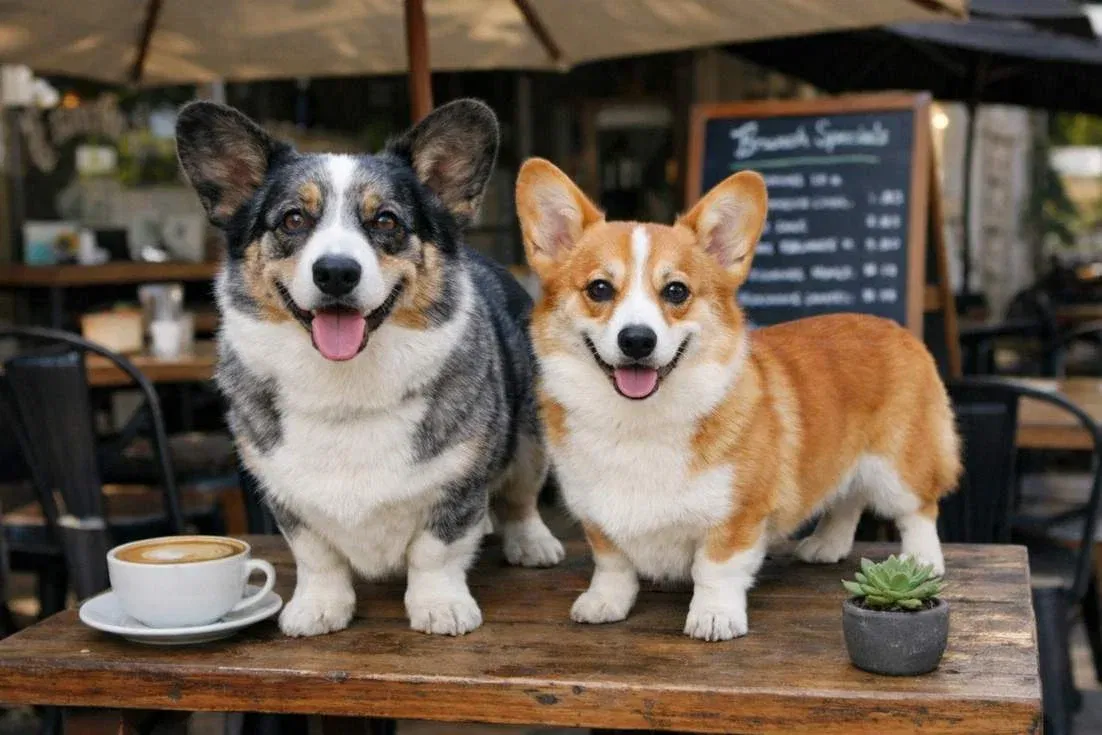 Cardigan And Pembroke Corgi On Table