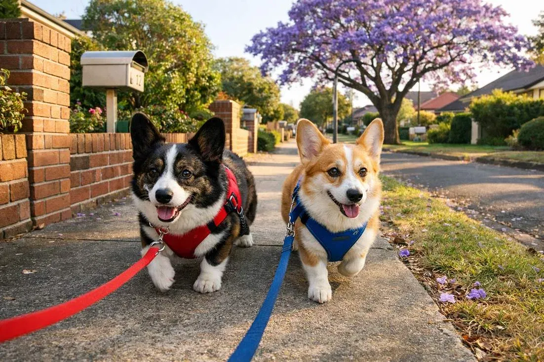 Cardigan And Pembroke Corgi Walking