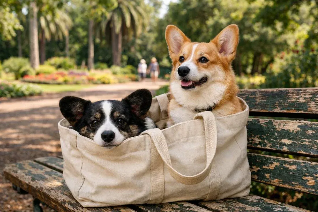 Cardigan Welsh Corgi And Pembroke Welsh Corgi In Carry Bag