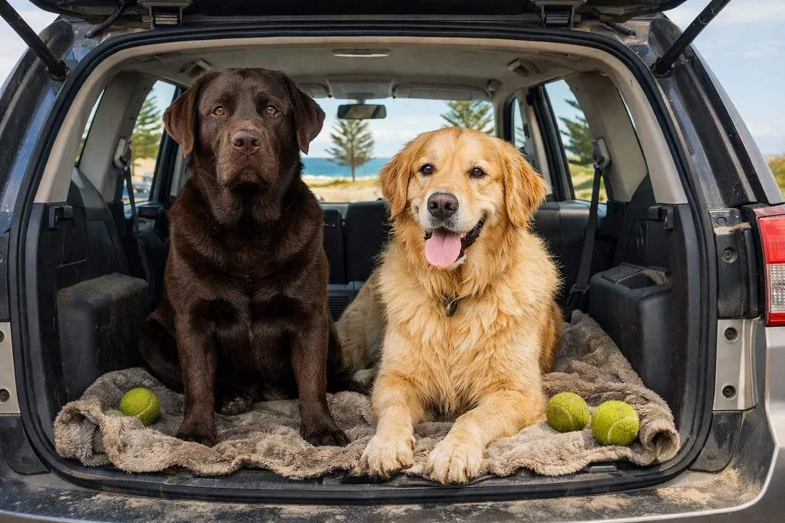 chocolate-lab-and-golden-retriever-in-car-boot Chocolate Lab And Golden Retriever In Car Boot