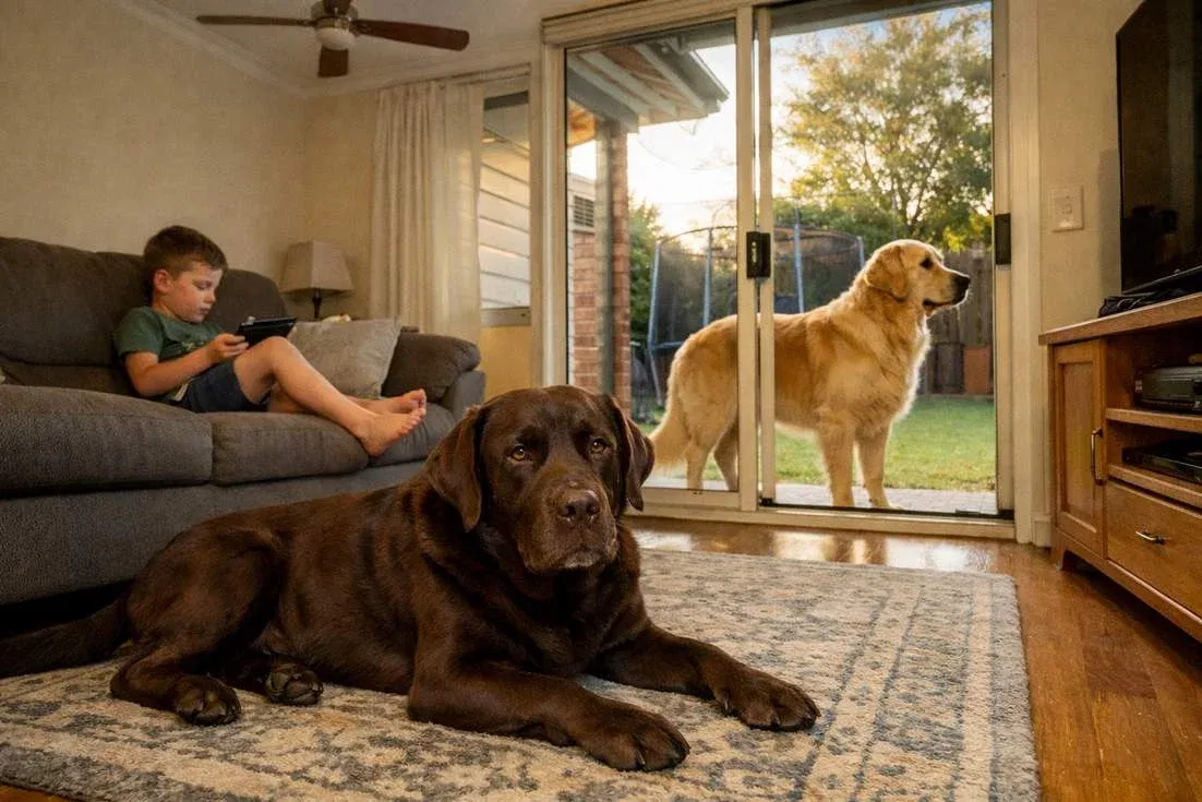 chocolate-lab-with-golden-retriever-in-lounge-area Chocolate Lab With Golden Retriever In Lounge Area