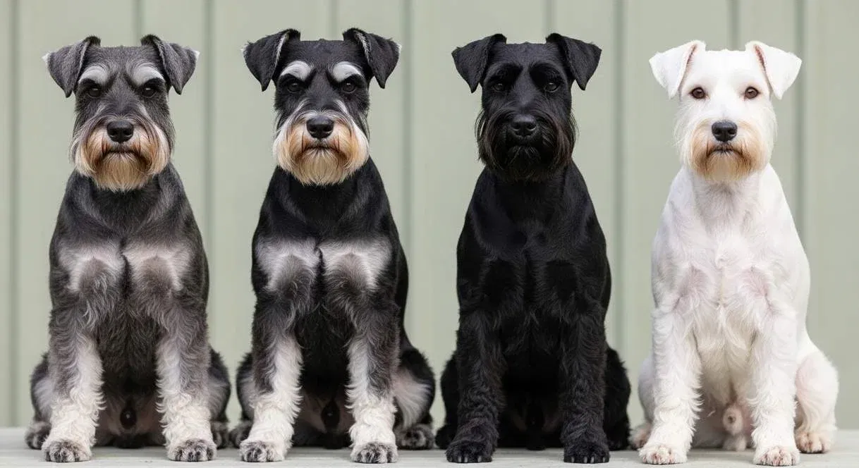 Four Miniature Schnauzer Dogs Sitting Side By Side