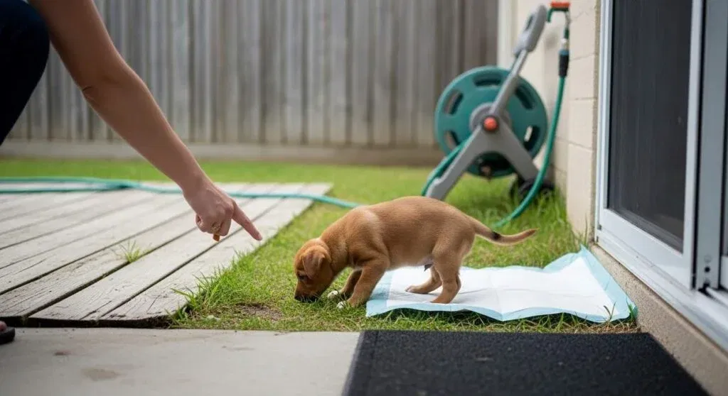 Home 1 Puppy Being Toilet Trained At Backyard