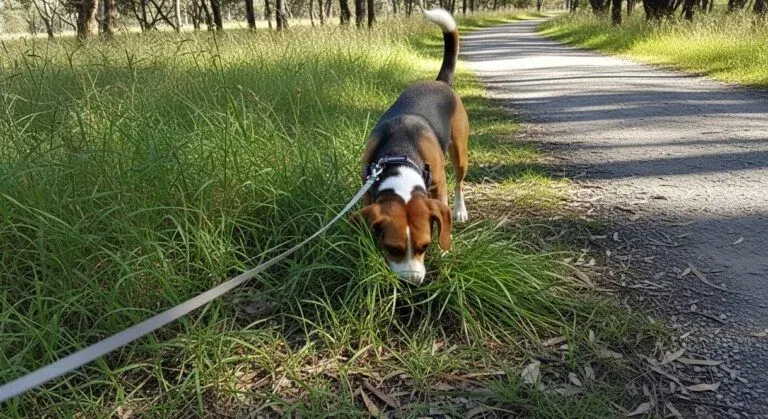 A Beagle With Nose Deep In Tall Grass On A Slack Lead Along A Bush Trail