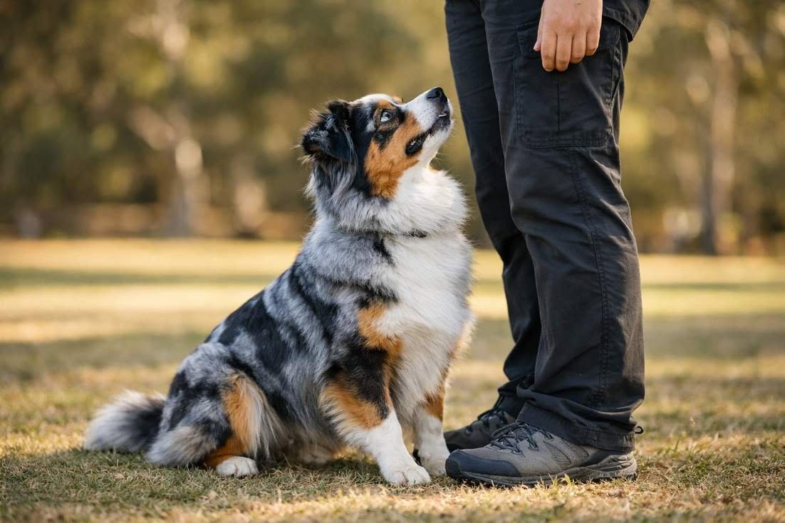 mini australian shepherd in training session demonstrating focus and trainability