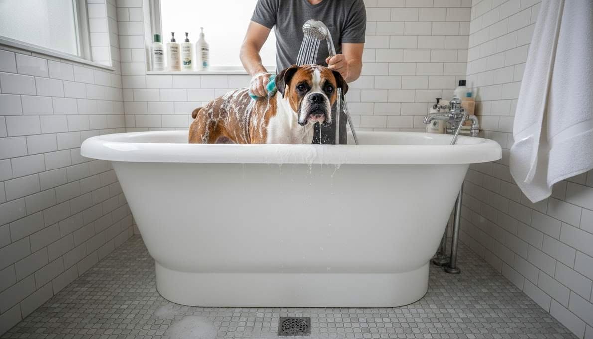 Boxer Bathing By Owner