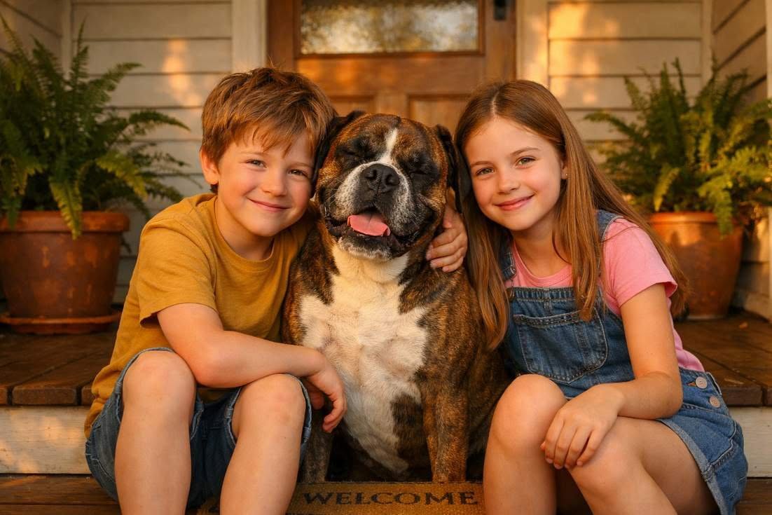 Brindle Boxer Sitting With Children