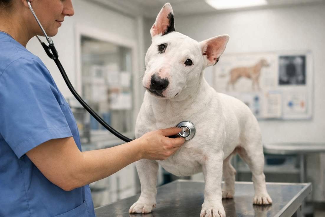 Bull Terrier Being Checked With A Stethoscope