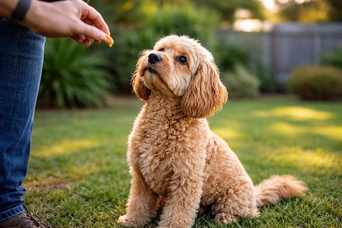 Spoodle In Training Session Demonstrating Intelligent Eager Obedience