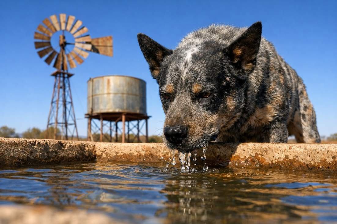 Stumpy Tail Cattle Dog Drinking From Bore Trough