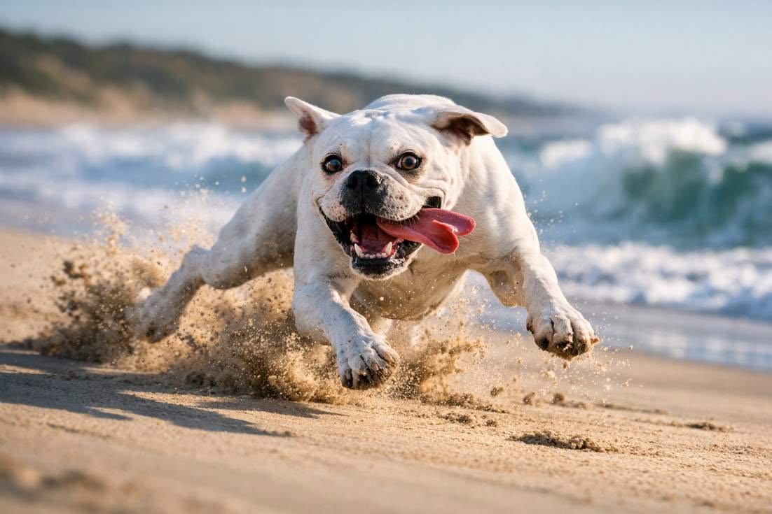 White Boxer Sprinting On Beach
